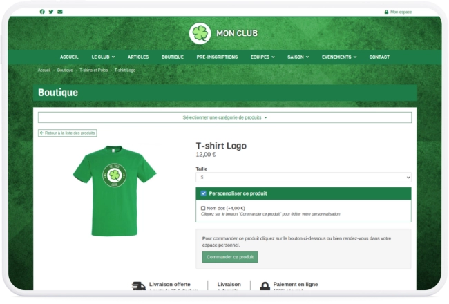 Commande produit - Logiciel gestion boutique en ligne e-commerce pour club de sport et assocations sportives