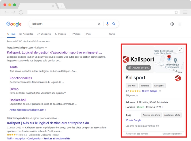 Google My Business - Aperçu recherche Kalisport
