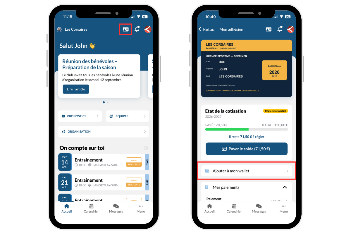 Accès à la carte wallet - Application mobile