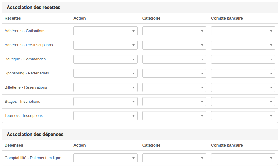 Comptabilité - Associations des actions / catégories / comptes bancaires