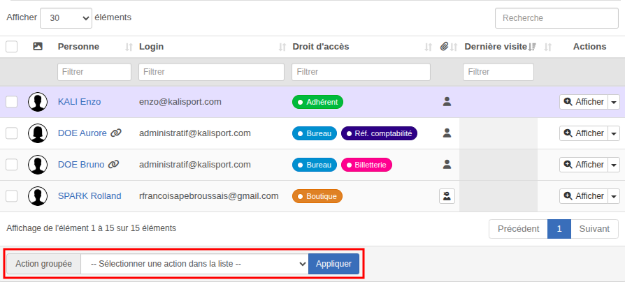 Comptes de connexion - action groupée fusion