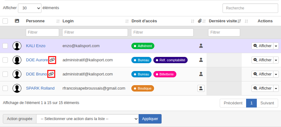 Comptes de connexion - icône comptes liés