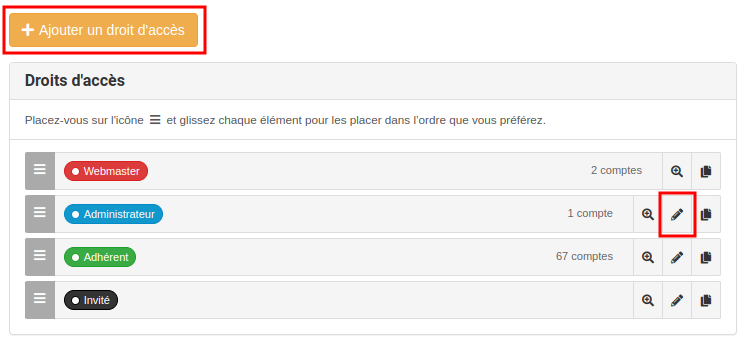 Liste des droits d'accès - ajout et modification