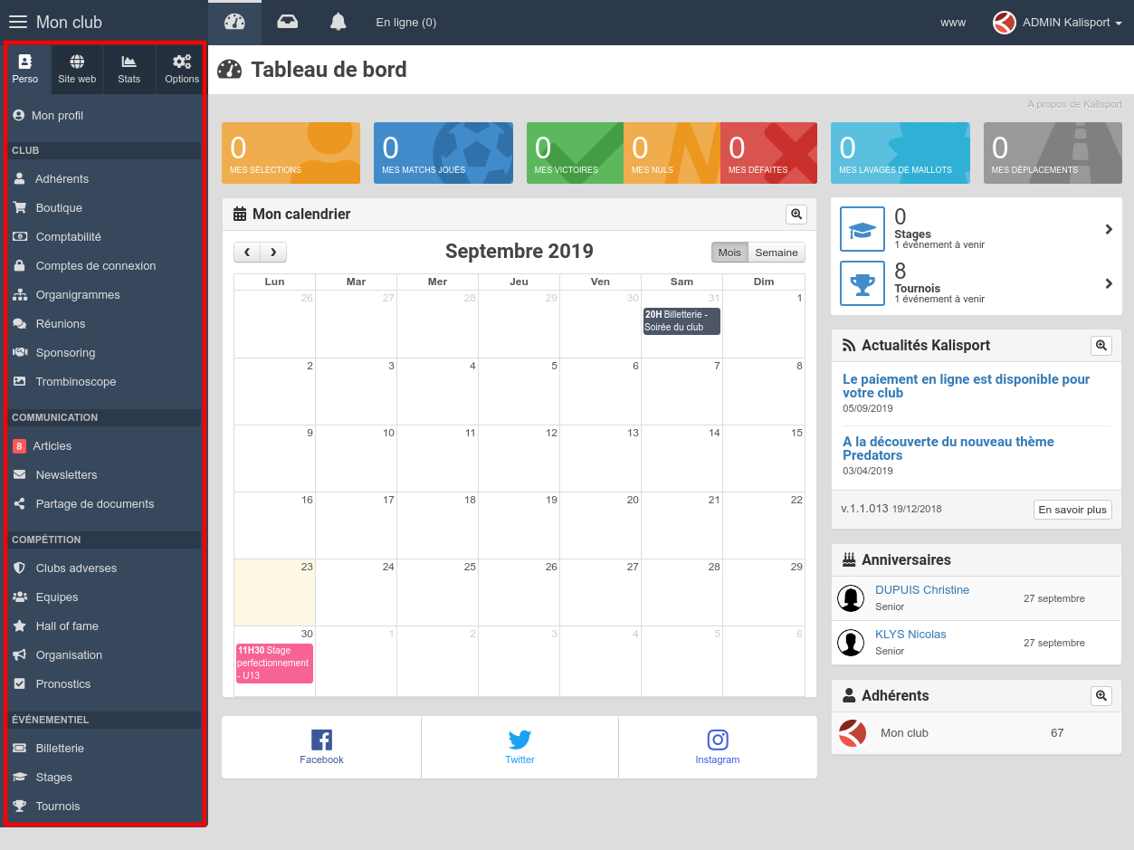 Intranet Kalisport - Menu principal