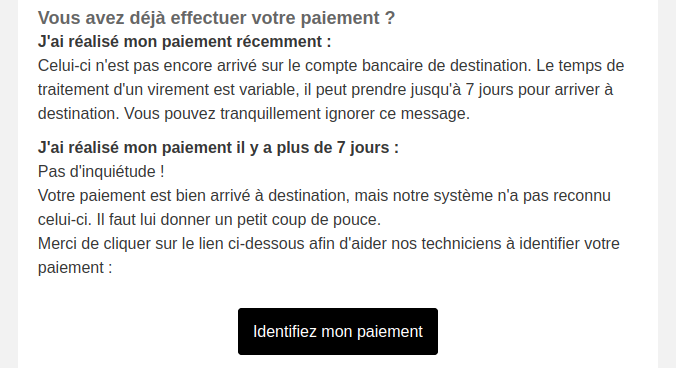 Kalisport - Paiement en ligne - Virement - Extrait de l'e-mail envoyé à l'adhérent lors d'un paiement non reçu