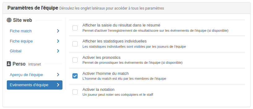 Modifier les paramètres des homme du match équipes