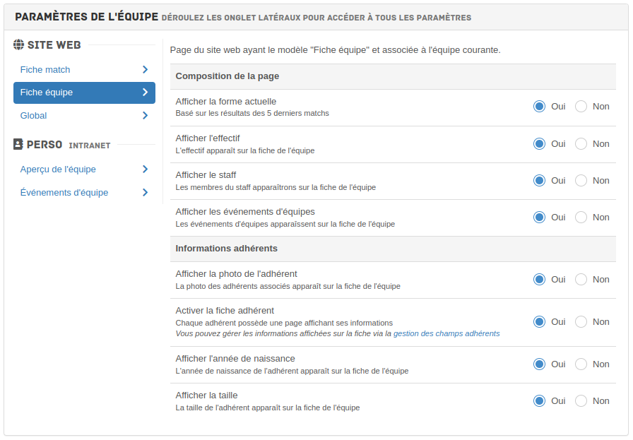 Modifier les paramètres fiches équipes