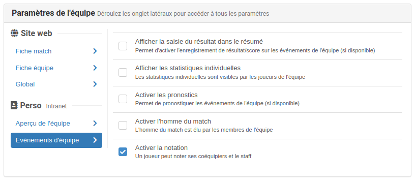 Modifier les paramètres des notations de joueurs équipes