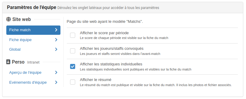 Modifier les paramètres des statistiques individuelles équipes