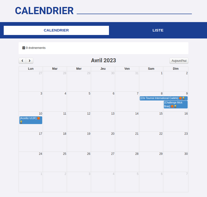 Exemple calendrier site internet Kalisport