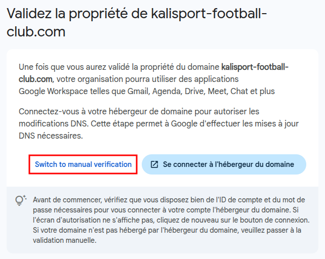 Kalisport - Google Workspace configuration domaine manuelle