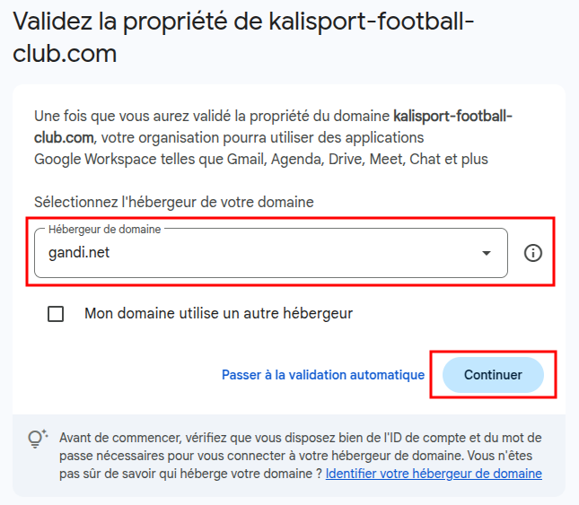 Kalisport - Google Workspace configuration hébergeur