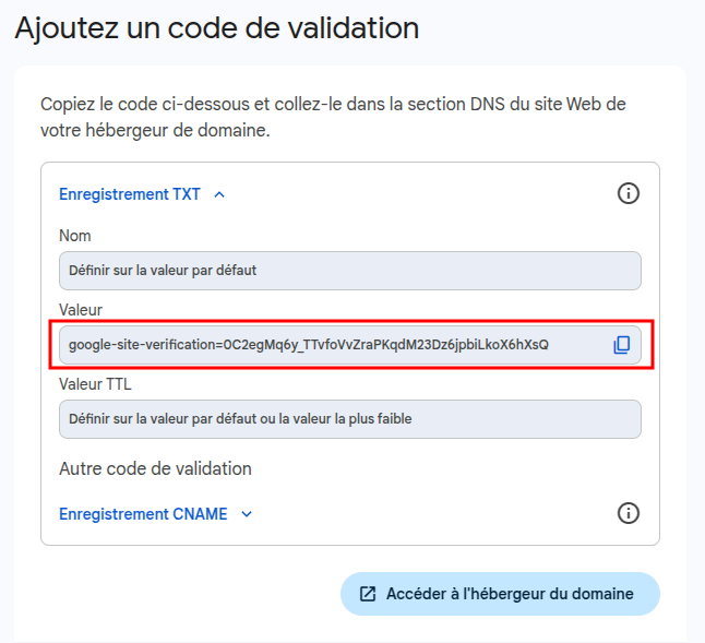 Kalisport - Google Workspace configuration enregistrement TXT