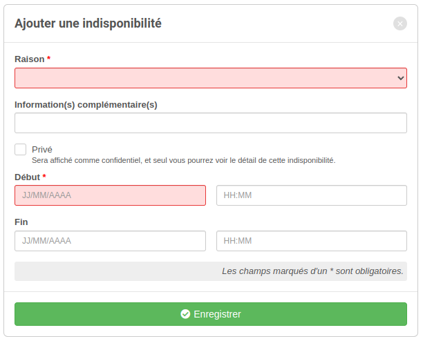 Formulaire - Ajouter une indispo