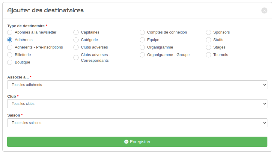 Liste de destinataires - Filtres selon le type sélectionné