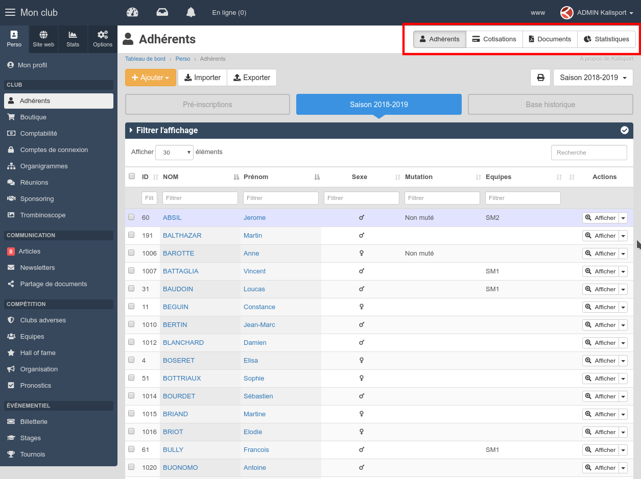 Intranet Kalisport - Menu secondaire barre