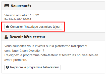 Options - Mon offre Kalisport - Consulter l'historique des mises à jour