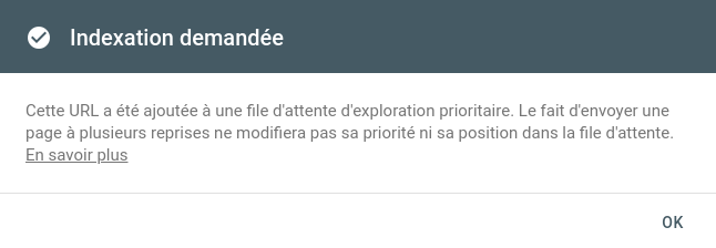 Google Search Console - Confirmation indexation demandée