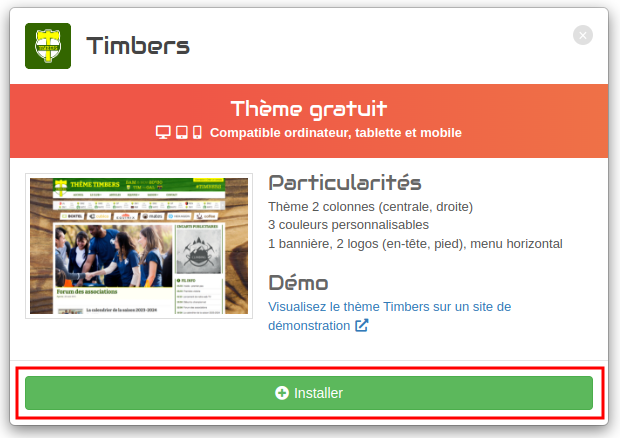 Détail d'un thème Kalisport - Bouton installer