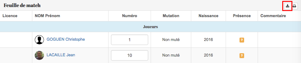 Export feuille de match - Evénement d'équipe - Kalisport
