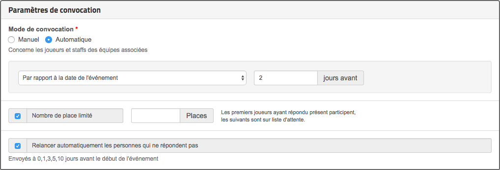 Evénements convocation automatique - Gestion internet clubs et associations sportives