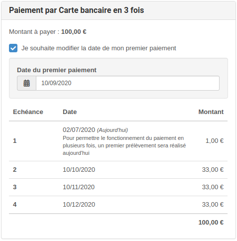 Paiement en plusieurs fois - Comptabilité - Choix de la date de premier paiement